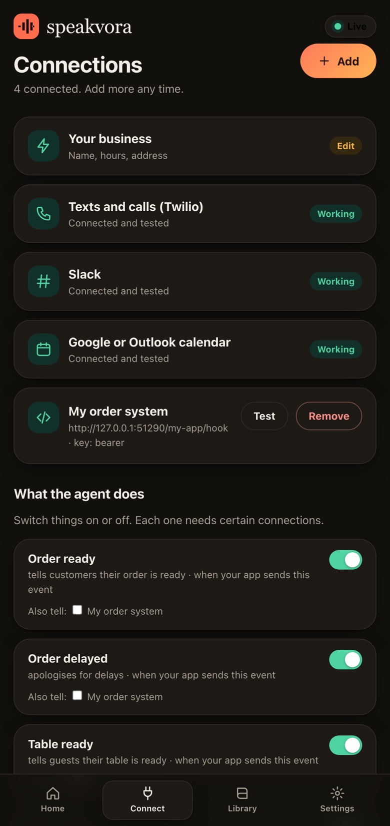 Dashboard connections page