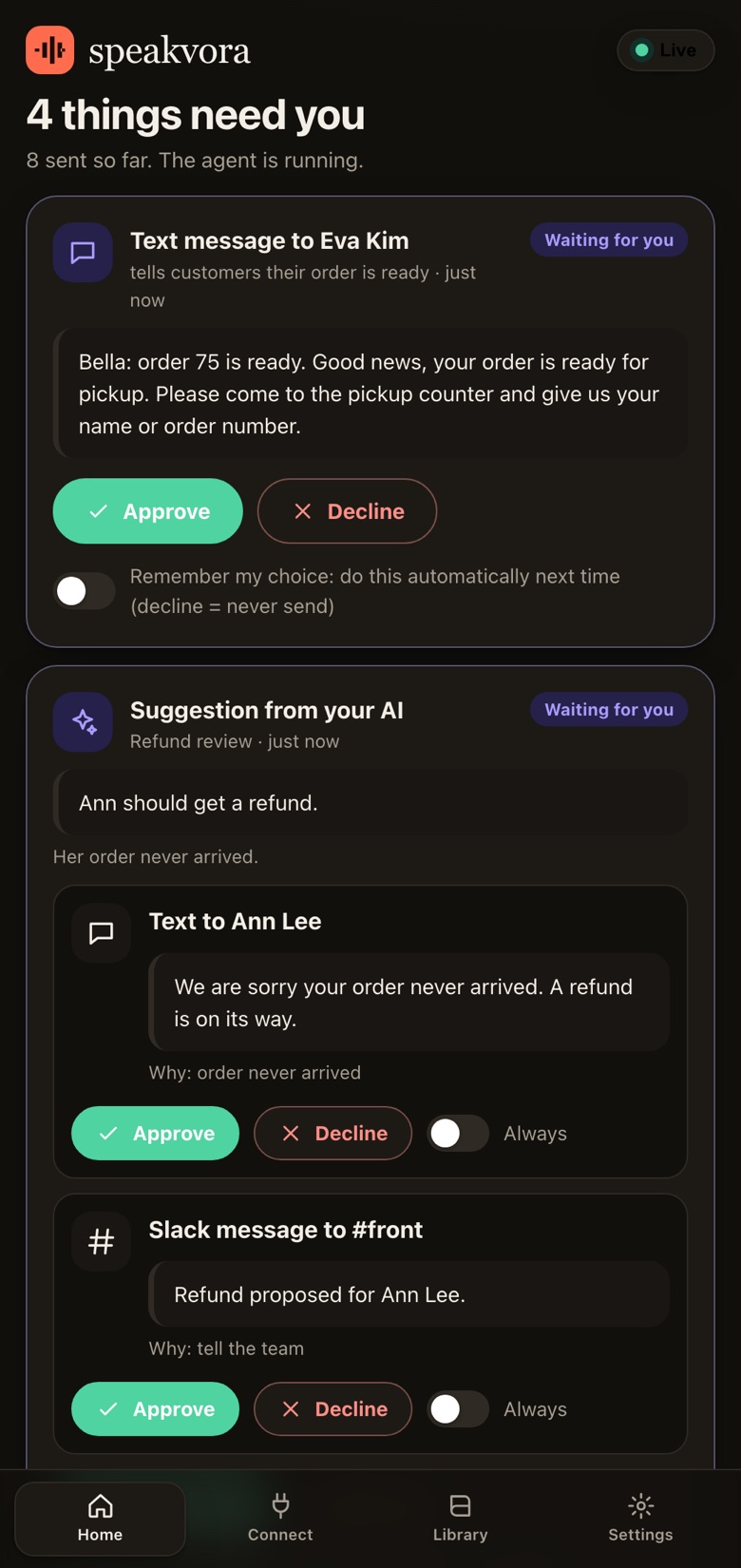 Dashboard home with a text message waiting to be approved